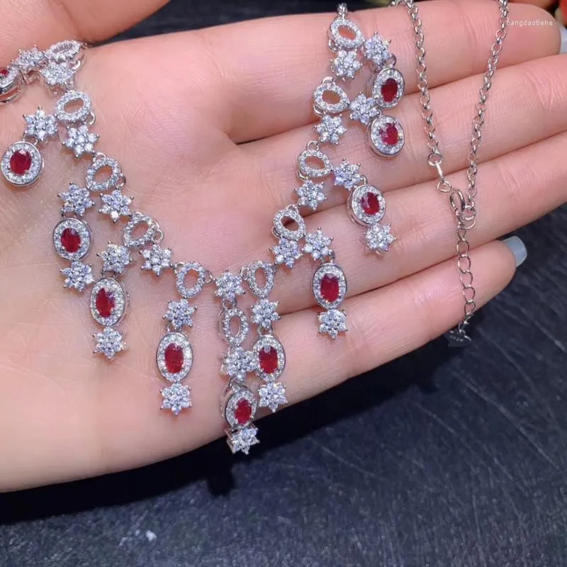 Chains Natural Red Ruby Necklace Gemstone Pendant S925 Silver Women Luxurious Big Flower Tassels Woman Wedding Jewelry