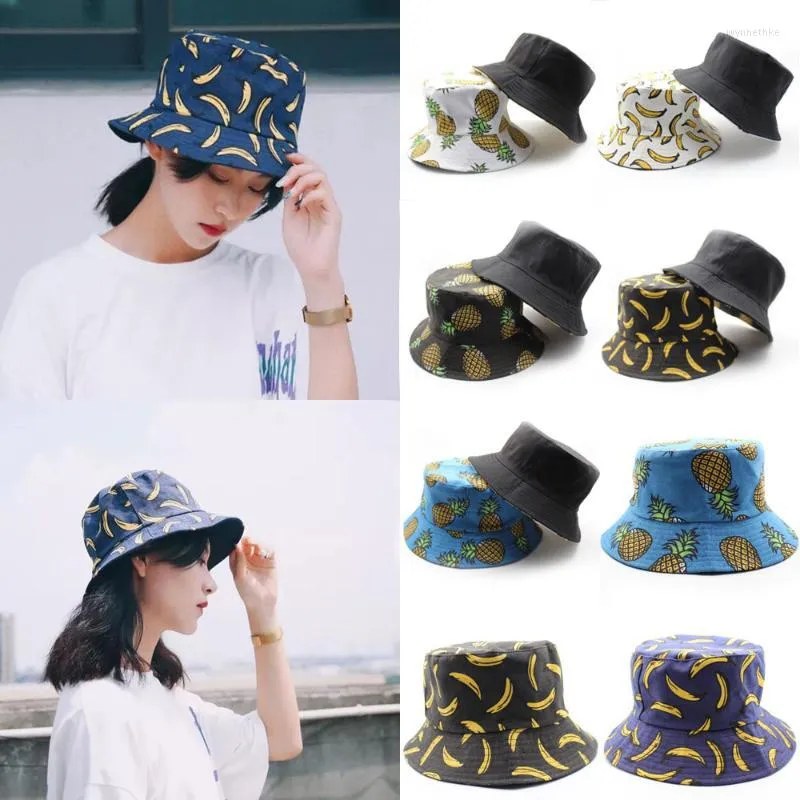 Berets Unisex Bucket Hat Two Side Reversible Cap Embroidery Banana Pineapple Fruit Sun Golf Sport Travel Dad Hats Summer Fisherman Caps