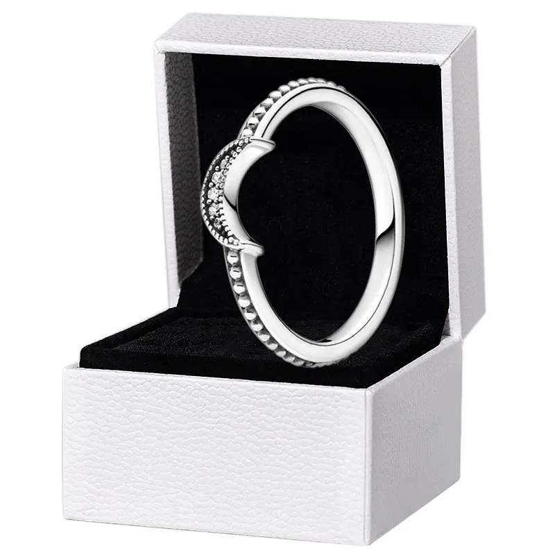 Autentico anello in argento sterling a forma di mezzaluna con perline da donna, regalo per ragazze, gioielli per anelli con diamanti Pandora CZ con cofanetto originale