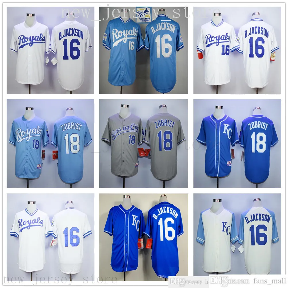 2019th Mens 고품질 야구 유니폼 16 Bo Jackson 18 Ben Zobrist 100% 스티치 컬러 블루 그레이 화이트 저지 사이즈 S-XXXL