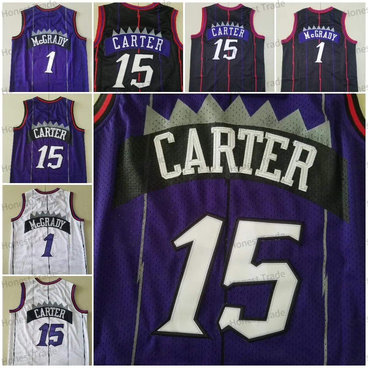 남성 농구 후퇴 저지 15 Vince Carter McGrady 자수 흰색 자주색 남자 스티치 유니폼