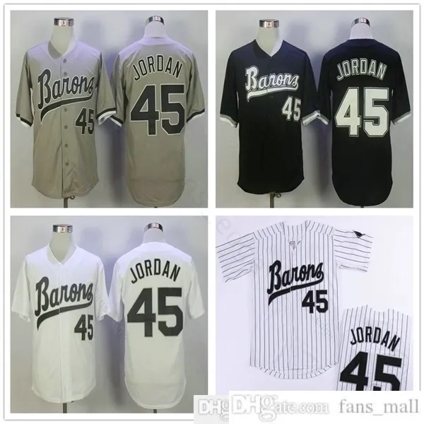 Atacado MICHAEL Jodan #45 BIRMINGHAM BARONS Camisas de Beisebol Preto Branco Cinza Costurado Filme MICHAEL Birmingham Barons Retro Camisa de Beisebol