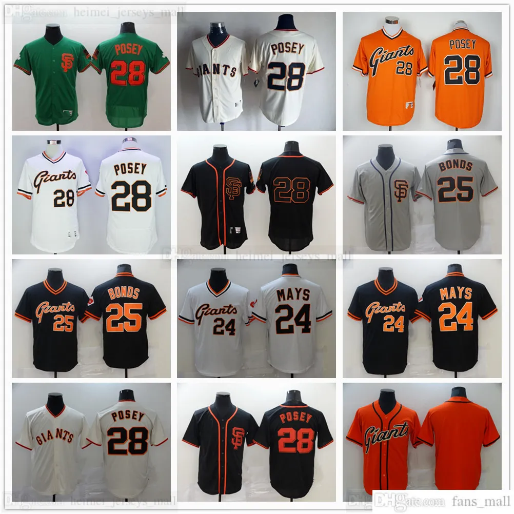 Retro Ed Baseball Jerseys 28 Buster Posey 25 Barry Bonds 24 Willie Mays Jersey Gray Black White Orange Blank No Number Name for Man