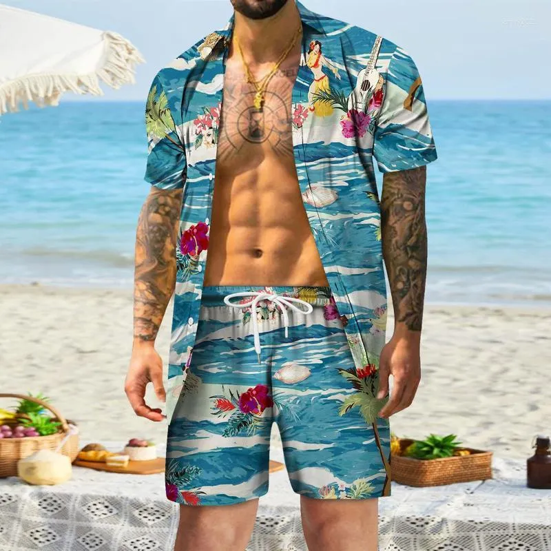 Survêtements pour hommes Ensemble hawaïen pour hommes Impression à manches courtes Été Casual Chemise florale Plage Deux pièces Costume 2022 Mode Hommes Ensembles # T2G