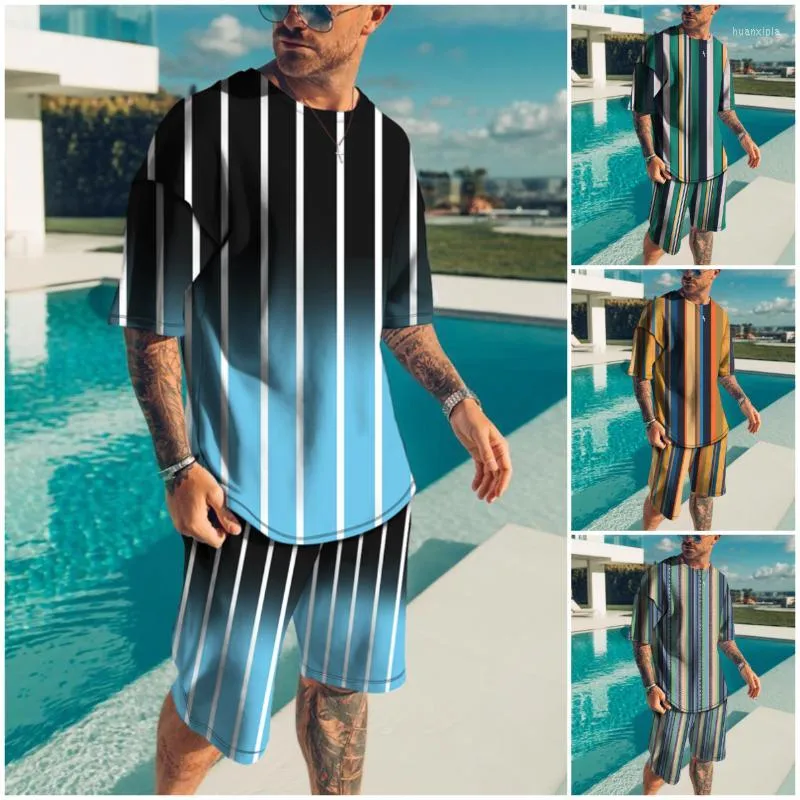 Herrespår Summer Men's 3D Casual Print Stripe Men Short Suits Outfits T Shirt Shorts Male Tracksuit Set Loose Man Clothing 2