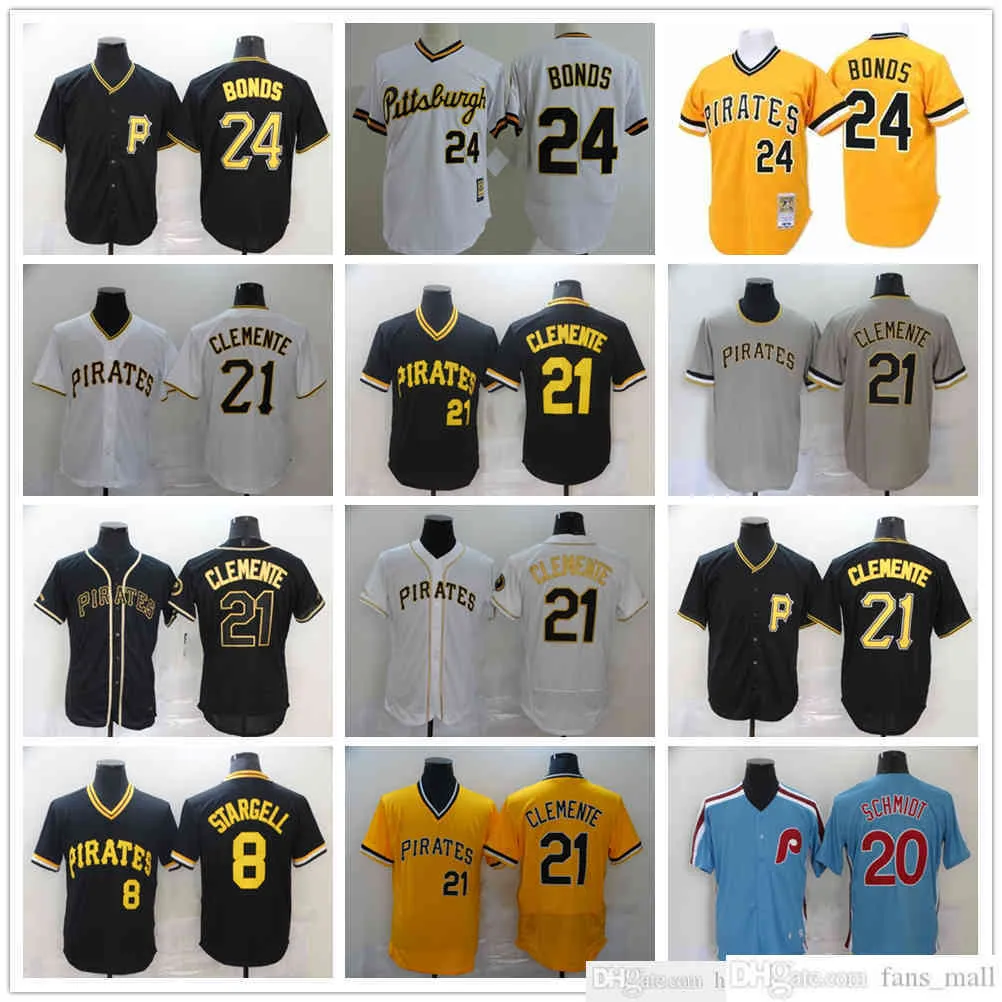 2021 Nieuws Baseball 21 Roberto Clemente Jerseys Stitched 8 Willie Stargell Retro Blue 20 Mike Schmidt Yellow 24 Barry Bonds Jersey ray Road White Home Black Alternate