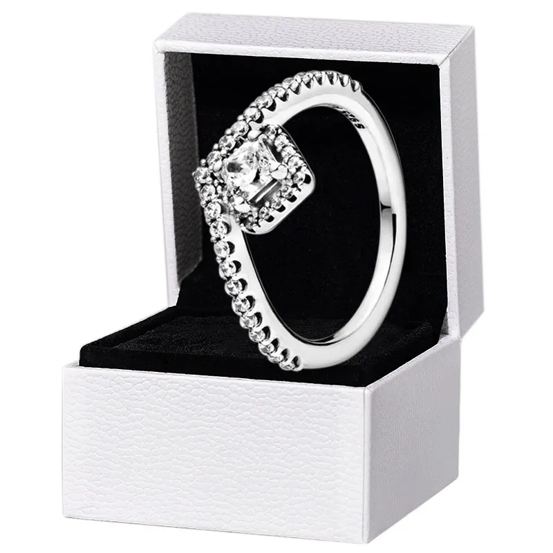 Anillo de espoleta de chispa cuadrada para mujer Joyería de boda de plata esterlina 925 real para pandora CZ diamante novia Regalo Amante Anillos con caja original