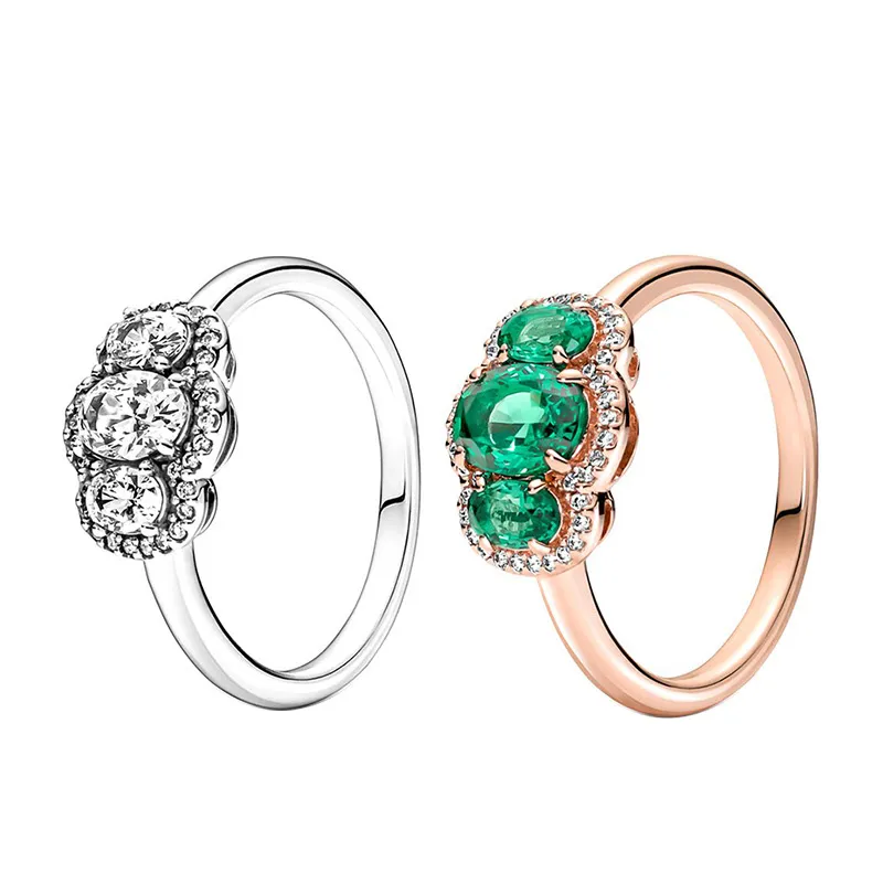 925 Sterling Silver Three Stone Vintage Rings Femmes Filles Vert CZ diamant Bijoux de fête pour Pandora Bague en or rose avec boîte de vente au détail d'origine