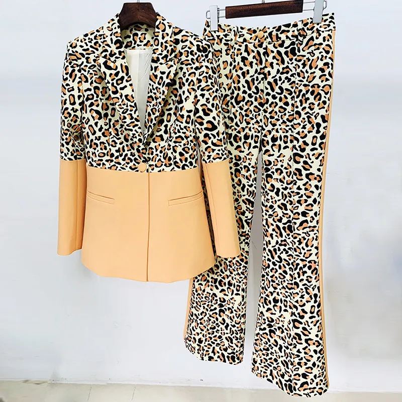 T084 Women's Two Piece Pants Pantsuits Two Piece Set Leopard Print Office Ladies Women Business Single Button Flared Formal Suit