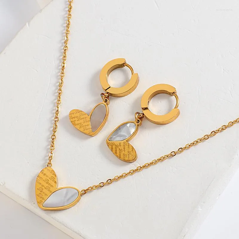 Pendant Necklaces Flashbuy Trendy Shell Metal Heart Earrings Necklace Set For Women Stainless Steel Chain Waterproof Jewelry