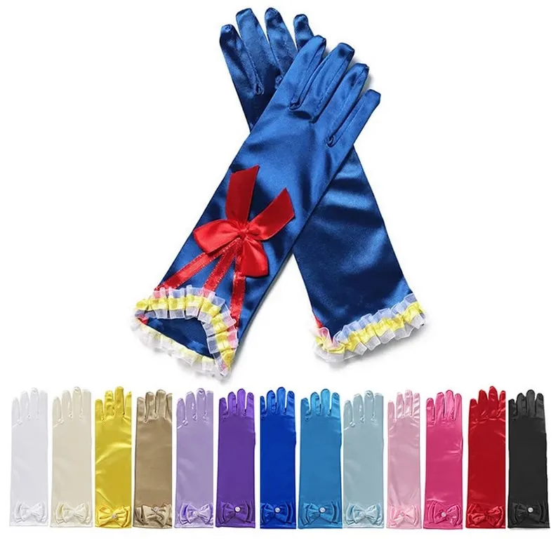 Luvas longas para meninas Princess Gloves Luva de vestido de noiva com figurinos de arco Acessórios para cetim Luva de Natal Presente de aniversário