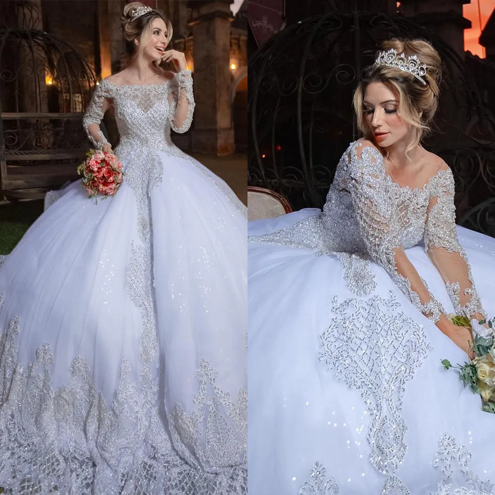 Princess Sparkly Ball Gown Wedding Dress Off Shoulder Lace Beading Long Sleeve Bride Dresses Robe de Mariee Bridal klänningar