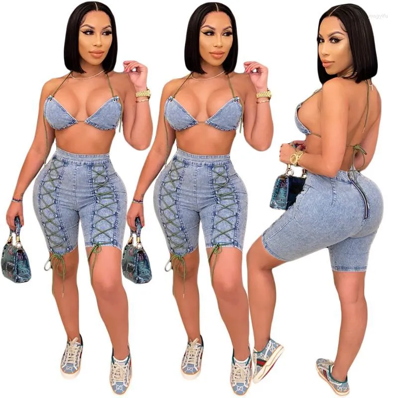 Women's Tracksuits 2Pcs Women Summer Tracksuit Denim Lacing Strap Crop Tops Strappy Shorts With Back Zipper For Girls Light Blue
