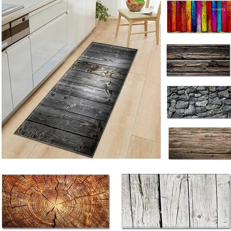Mattor fashionabla enkelt matta träkorn tryckt kök golvmatta hushåll matta icke-halk långa strip dörrmattor modern heminredning