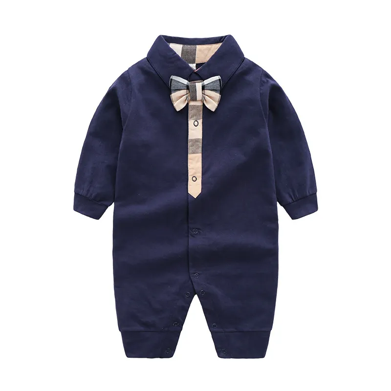 Barboteuse pour bébé, couleurs blanc/marine, manches longues, carreaux, nœud papillon, 100% coton, combinaisons pour nouveau-né garçon et fille, pyjama pour enfants de 0 à 24 mois, printemps/automne