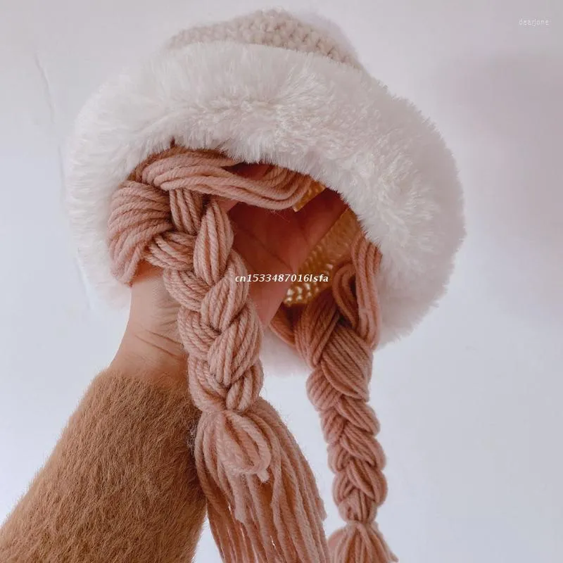 Hats Warm Soft Plush Ball Pompom Kids Handmade Knitted With Braids Children Autumn Winter Fashion Wigs Hat Plaits Wig Dropship