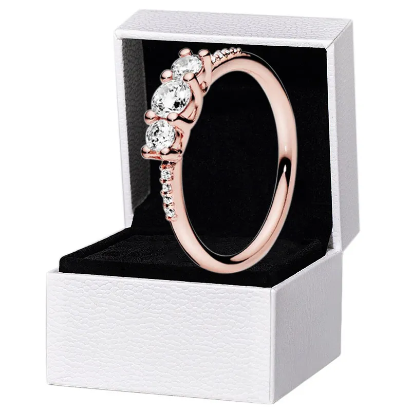 Women's Clear Three-Stone Ring Authentic 925 Silver Rose gold plated Wedding Jewelry for pandora CZ diamond girlfriend Gift Rings with Original box