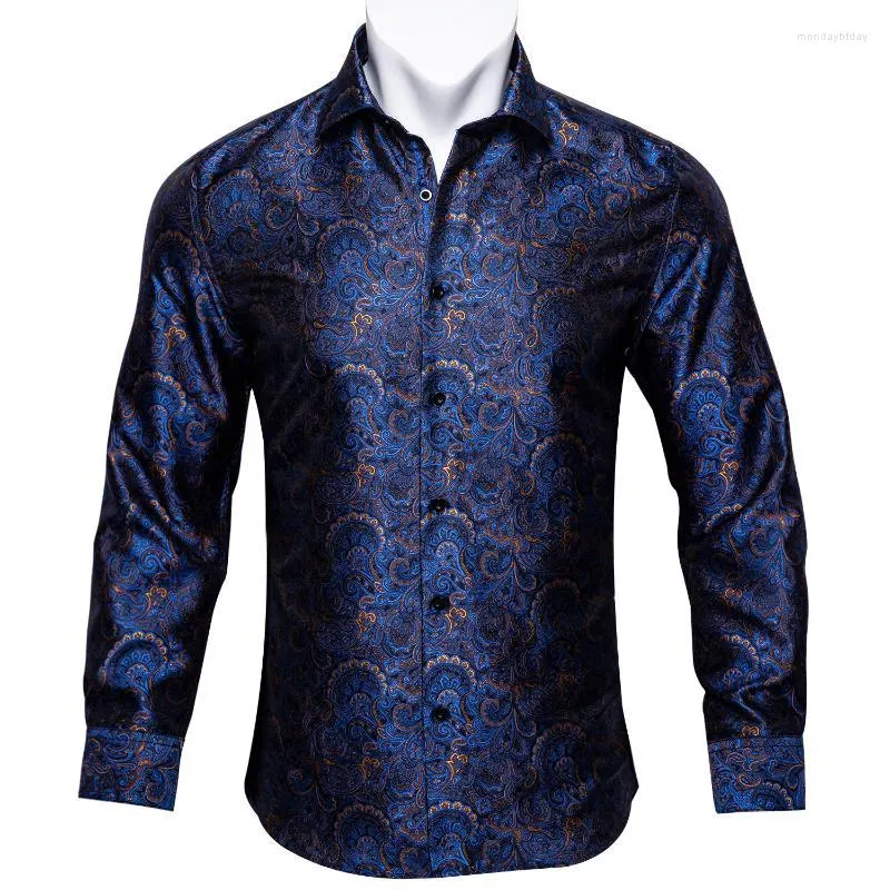 Chemises décontractées pour hommes Bleu Blanc Or Paisley Chemise en soie pour hommes à manches longues Printemps Automne Fit-Robe Col boutonné Mâle Barry.Wang