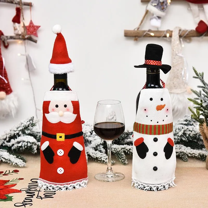 Christmas Decorations 1pc/1pair Cartoon Santa Claus Snowman Red Wine Bottle Cover Year Party Champagne Cloth Cap Table Decor