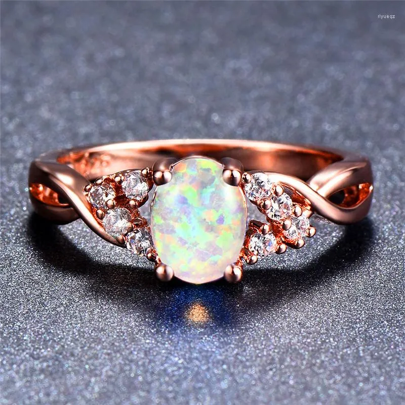 Eheringe Weiß Blau Lila Opal Verlobungsring Zierlicher Ovaler Stein Unendlichkeit Roségold Farbe Für Frauen Modeschmuck