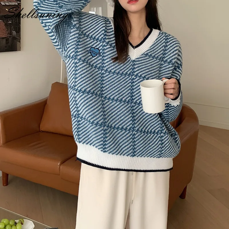 Kobiety swetry kusiki zimowy kontrast kratowy vneck dzianin sweter kobiety luźne hafty patchwork pullover żeński słodki słodki skoczek 220827