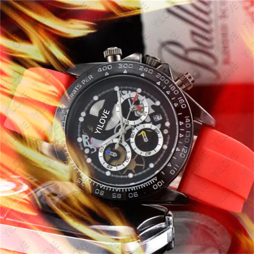 최고 품질의 브랜드 남성 시계 전체 기능 스톱워치 43mm 시계 검은 고무 스트랩 스테인리스 스틸 케이스 석영 운동 좋은 비즈니스 손목 시계