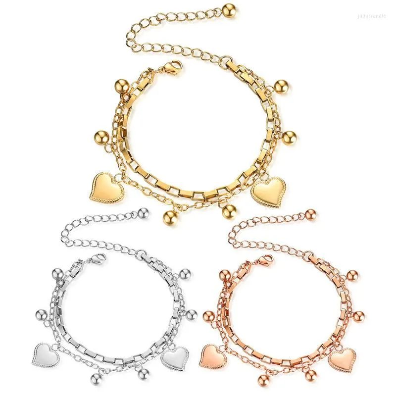 Link Bracelets Bohemia Stainless Steel Heart Bracelet Gold Color Adjustable Double-deck Chain Bead Jewellry For Women Gift
