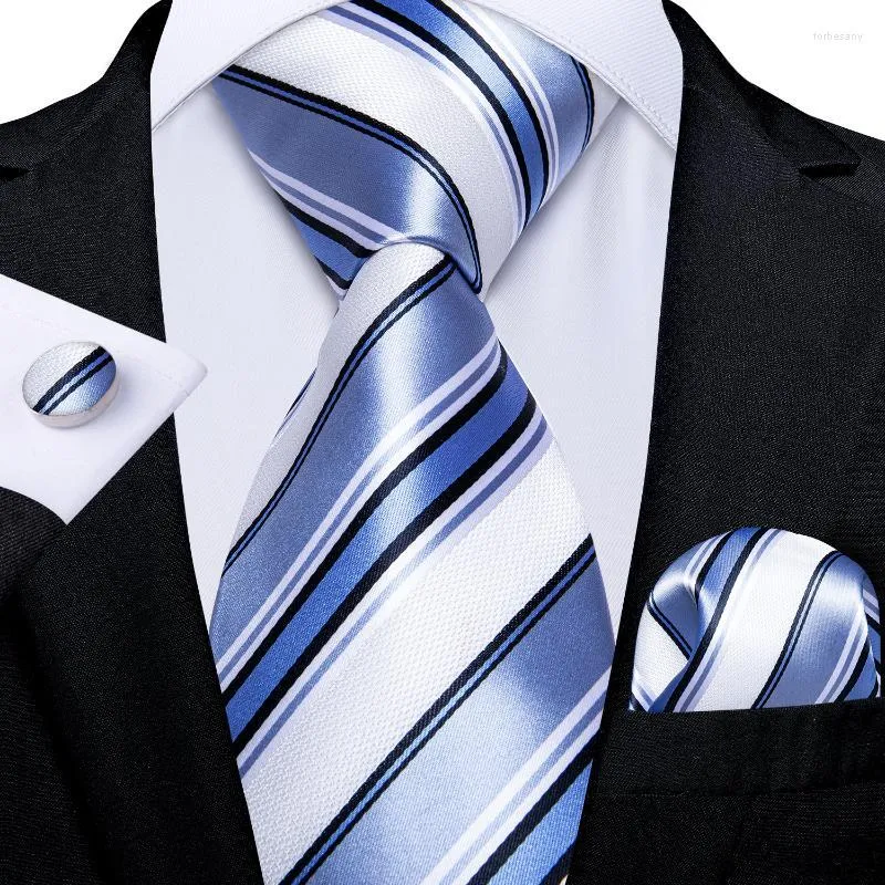 Bow Ties Classic 8cm breda mäns blå vit randig silke set affär bröllop slips ficka manschettknappar gåvor till män dibangu