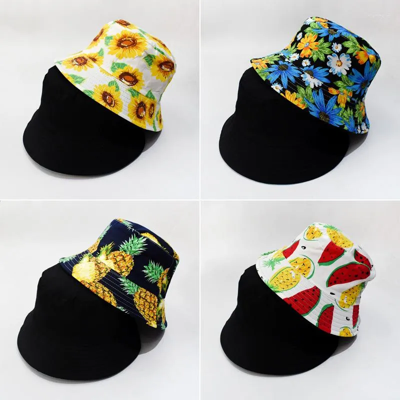 Berets zomer fruit print emmer hoeden universeel streetwear mode hiphop zon hoed mannen vrouwen visser cap dubbele zijde