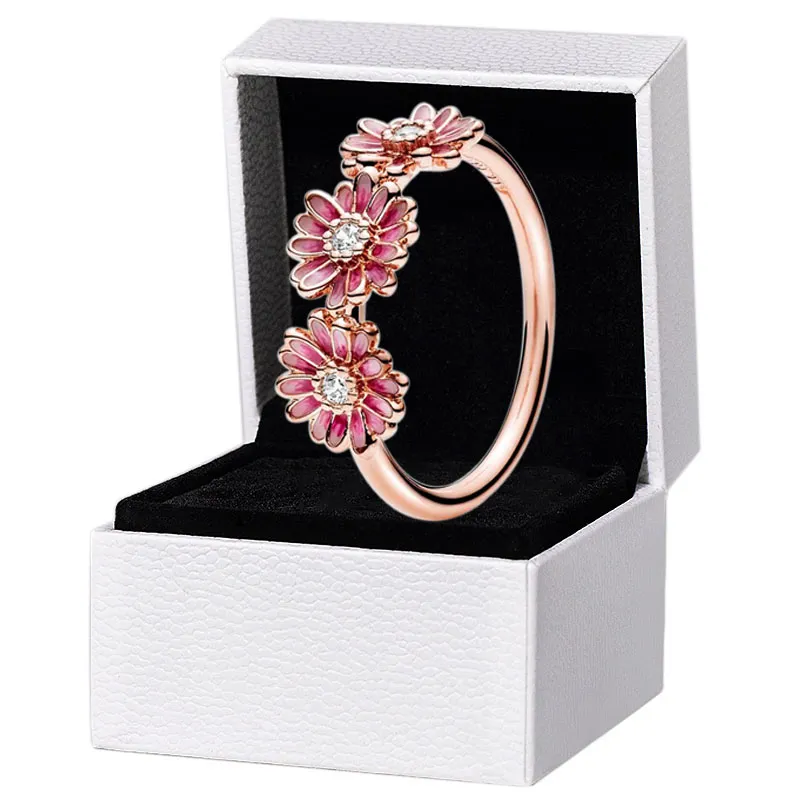 NYA Pink Daisy Flower Trio Ring Dam Roseguldpläterade Bröllopssmycken för Pandora Sterling Silver Ringar med Original Retail Box Set