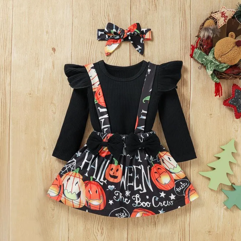 Completi di abbigliamento Toddler Neonate Tinta unita Top a maniche lunghe Zucca di Halloween Stampa Bretelle Gonne Completi Vestiti Ragazzi