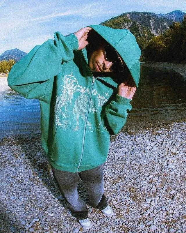 Nueva sudadera con capucha Harajuku y2k para hombre, sudadera de gran tamaño para mujer, ropa de calle con estampado de Anime, sudadera verde holgada de manga larga con cremallera, sudadera con capucha Grunge man293g