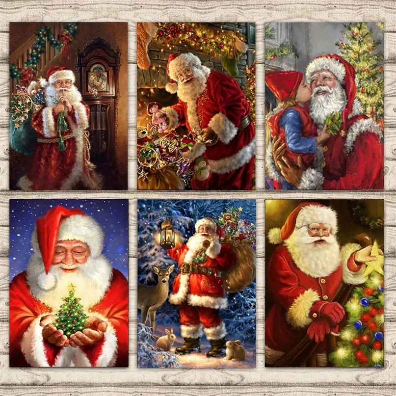 Resimler Noel Baba Hediyeler Vermek Noel Karlı Gece Tuval Resim Duvar Sanat Resimleri Yaşayan Çocuklar Odası için Posterler ve Baskılar Dekor 220829