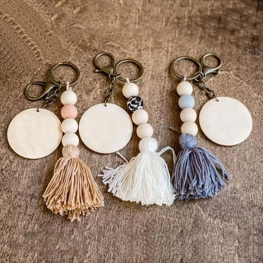 Custom Cotton Tassel Silicone Bead Key Ring Wholesale Carved Wood Disc Boho Straight Keychain