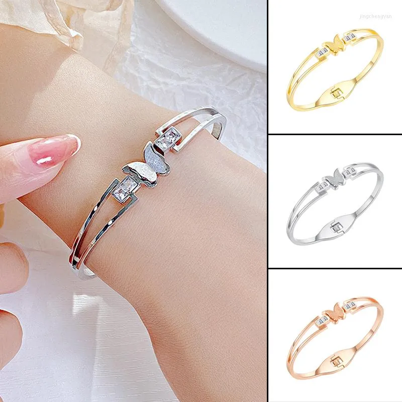Bangle Steel/Gold Color Stainless Steel Bracelet Simple Butterfly Zircon Jewelry Gift For Women Girl AIC88