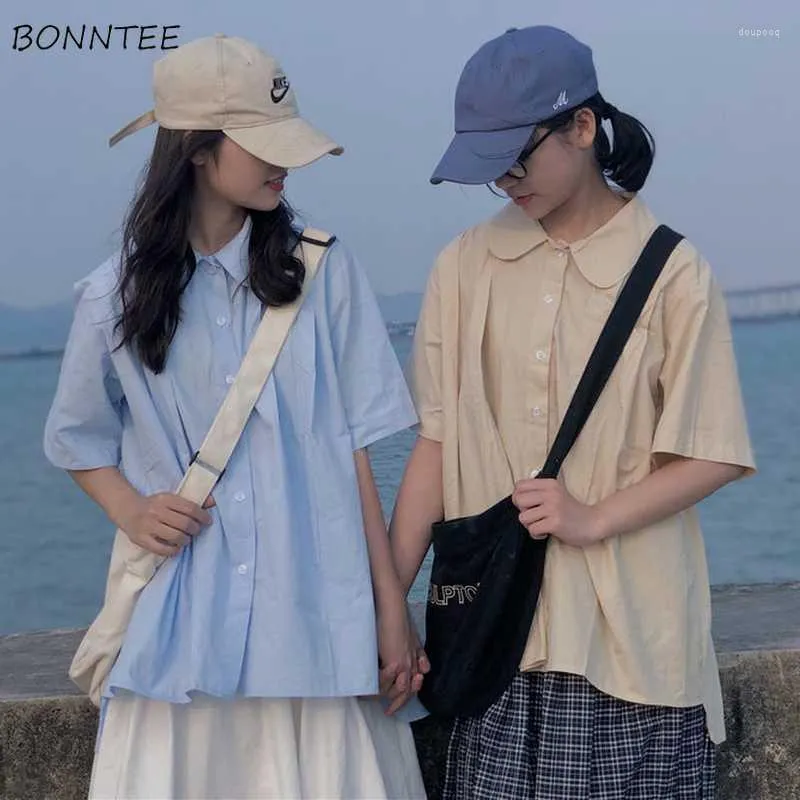 Women's Blouses Shirts Women All-match Peter-pan-collar Streetwear Friends Y2k Solid Summer Half-sleeve Casual Ulzzang Leisure Stylish