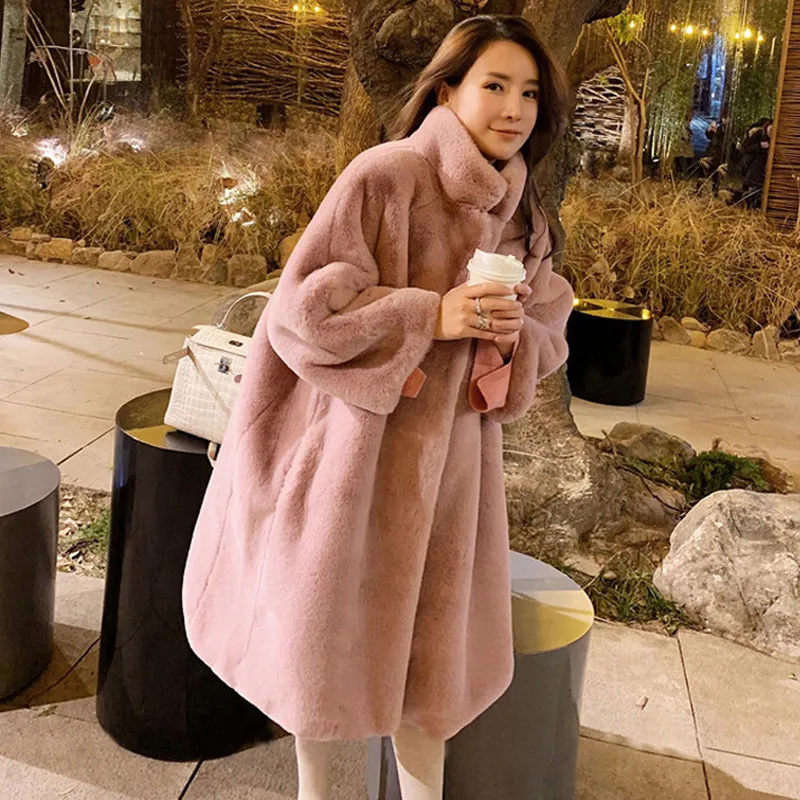 Mulheres femininas de Zadorin Winter Loose Ry Soft Faux Rabbit Style Corean Streetwear Feminino Pink Peur Coat Jackets L220829