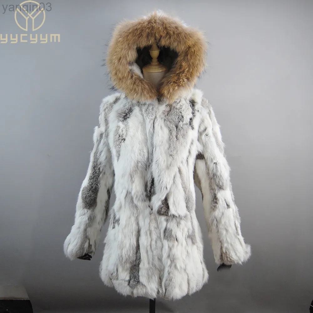 Futro kobiet 2022 Rosyjskie kobiety prawdziwe kurtki zima 100% naturalna kurtka królicza Lady z szopem futra z kapturem odzież wierzchnia L220829