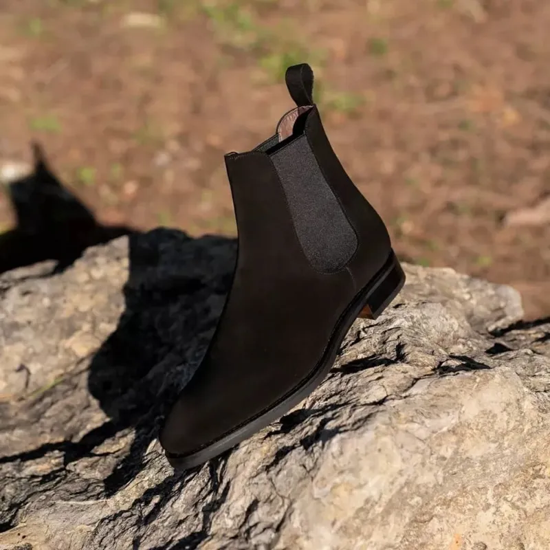 Schoenen laarzen zwarte mannen flock zakelijke handgemaakte enkelslip op lage hiel vaste kleur 0454