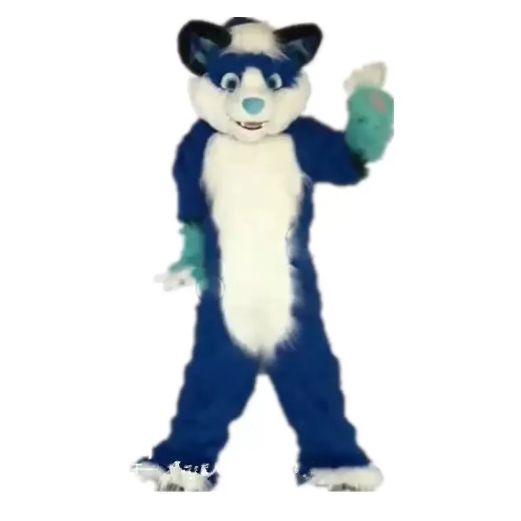 Costume de mascotte de loup en fourrure longue bleue, qualité supérieure, dessin animé, personnage animé, personnage de carnaval, robe unisexe pour adultes, tenue de fête d'anniversaire de noël, tenue d'extérieur