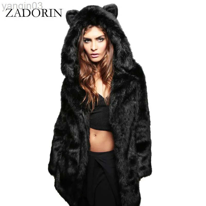 Dames bont zadorin mode winter dames faux jas capuchon met kattenoren dik warme lange mouwen zwarte nepbont jas Gilet Fourrure l220829