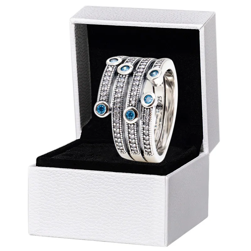 Blue Stone Marine style Sterling Silver RING Women Men Fashion Party Jewelry For pandora CZ diamond Rings with Original Box