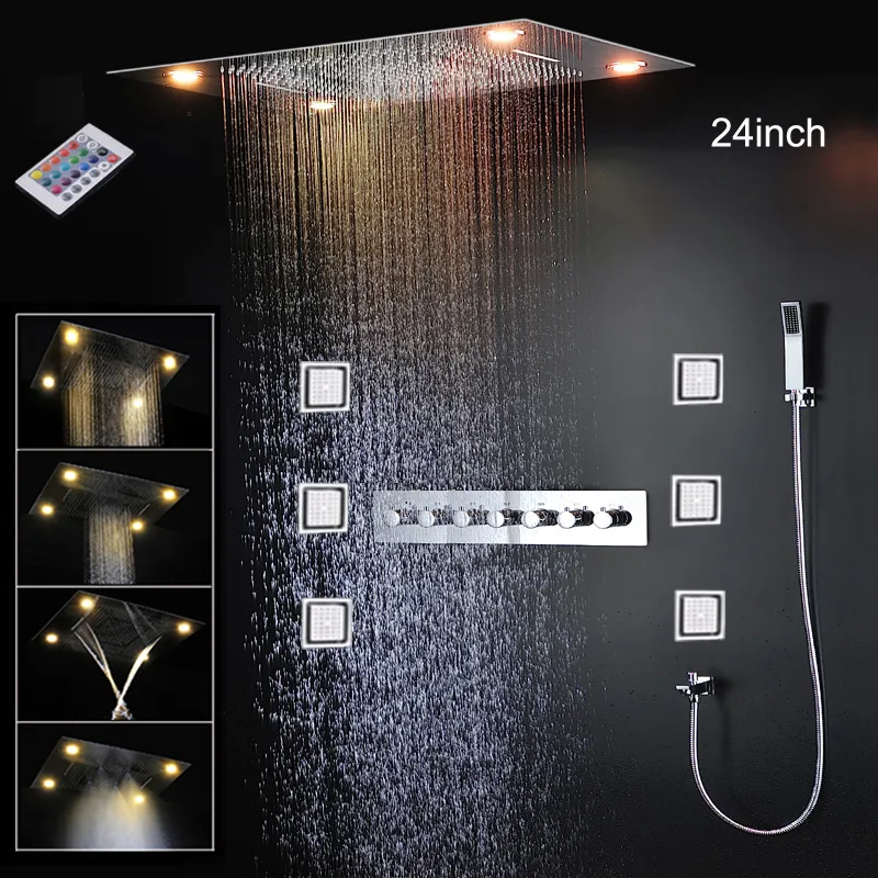 Luxury Large Thermostatic Shower System Rainfall Waterfall Massage Misty Showerhead Set Bathroom LED Faucets 24inch