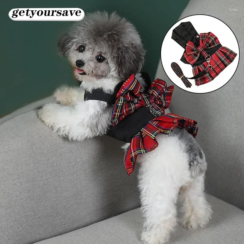 Vêtements pour chiens Robe pour petits chiens JK Jupe à carreaux avec laisse Robes de chat Vêtements d'été Harnais Vêtements Chiot Chaton Accessoires pour animaux de compagnie