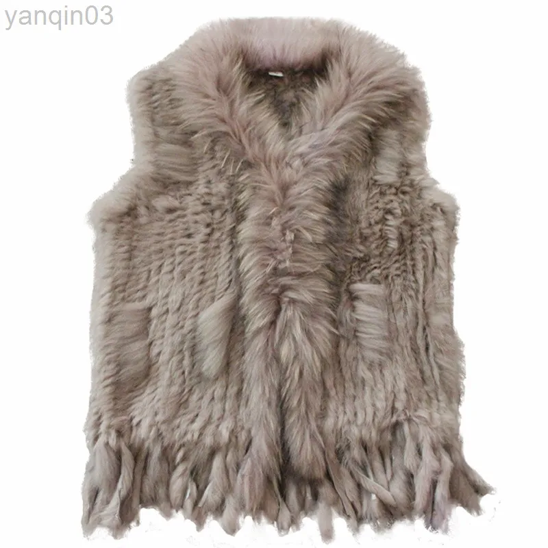 Women's fur Faux Harppihop Womens Natural Real Vest With Raccoon Fur Collar Vest/Jackets Rex Rabbit Knitted Winch L220829