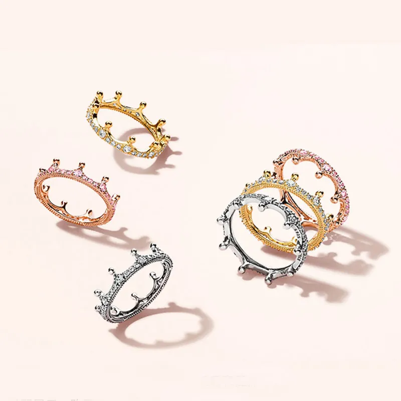 Jóias autênticas de crown de coroa de prata esterlina meninas jóias de presente de casamento para anéis de diamante CZ de ouro amarelo Pandora