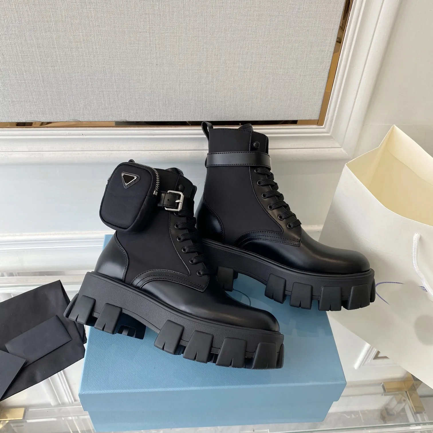 Designer Boots Rois Monolith Leather Nylon Brushed Ankle Combat Boot Women High Platform Rubber Sole Nylon With Small Bags Size 35 41