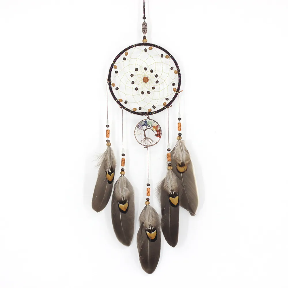 Dream Catchers Tree of Life Brown Feathers, Handgjorda indianer Dreamcatcher med Chakra Crystal Healing Stone For Bedroom Wall Hanging Home Decor 1221290