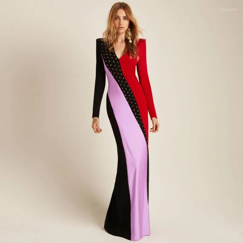 Casual Kleider Charming Streamline Colorblock Nieten Maxi Femme Fress V-ausschnitt Langarm Elegante Kommende Etuikleid Vestidos Für Frauen