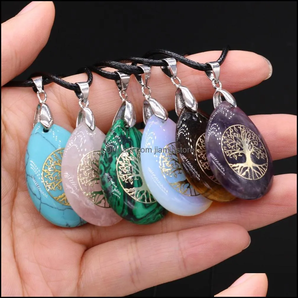 Pendanthalsband Tree of Life Pattern Reiki Healing Crystal Pendant Energy Waterdrop Stone Quartz Rope Halsband Fashio Dhseller2010 DHXVQ